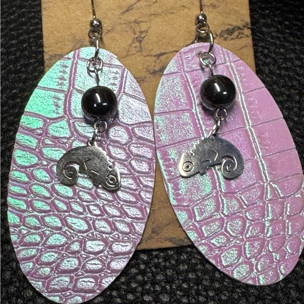 Handmade purple iridescent reptile faux leather earrings